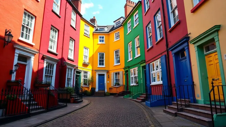 Casas coloridas en Dublín cerca de zonas residenciales para estudiantes