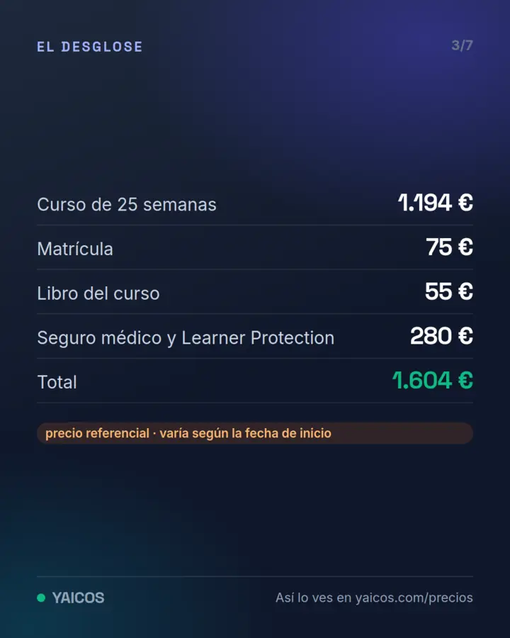 Desglose del curso de 25 semanas: curso, matrícula, libro y seguro médico, total 1.604 €, precio referencial
