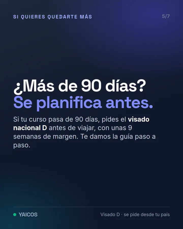Si tu curso pasa de 90 días pides el visado nacional D antes de viajar, con unas 9 semanas de margen