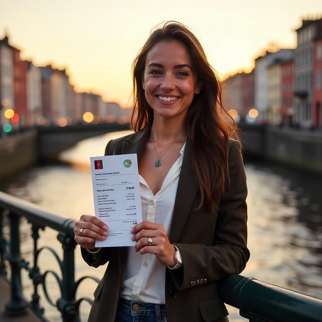 Visa aprobada para Irlanda - Proceso exitoso con asesoría profesional de Yaicos Estudiante feliz mostrando su visa aprobada para Irlanda - Asesoría de visados con Yaicos