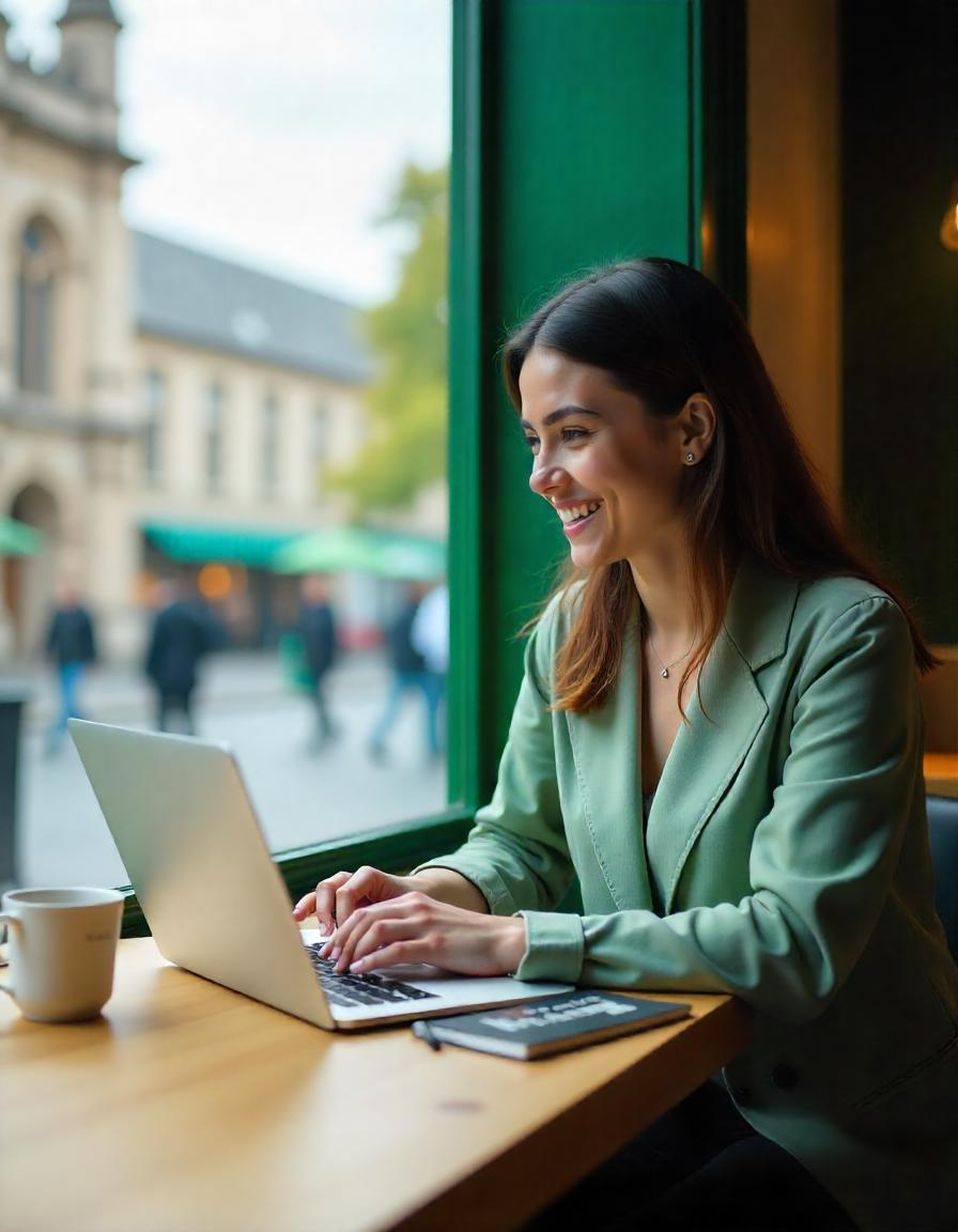 Estudiante profesional trabajando en laptop en café irlandés - Estudiar inglés en Irlanda con Yaicos